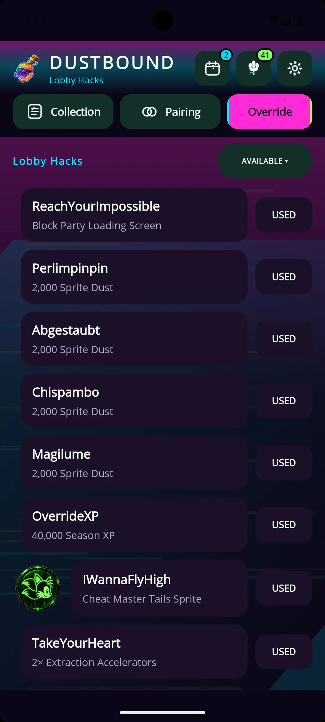 Override tab listing this season’s Lobby Hacks